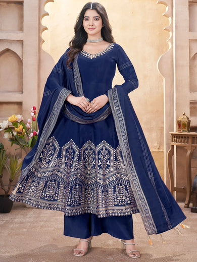 Enchanting Navy Blue Foil Printed Silk Event Wear Anarkali Suit Palazzo